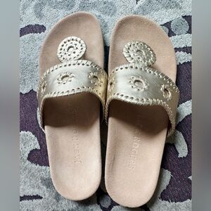 Jack Rogers Gold Slide Sandals with Intricate Patterns